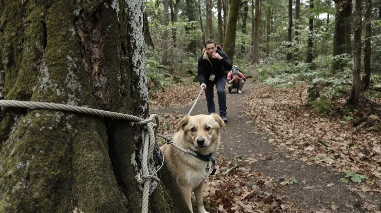 En plein trail en forêt, des promeneurs s'arrêtent net face à un jeune chien attaché à un arbre