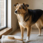 Chien au pelage brillant à côté d’une brosse de toilettage