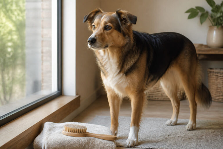 Chien au pelage brillant à côté d’une brosse de toilettage