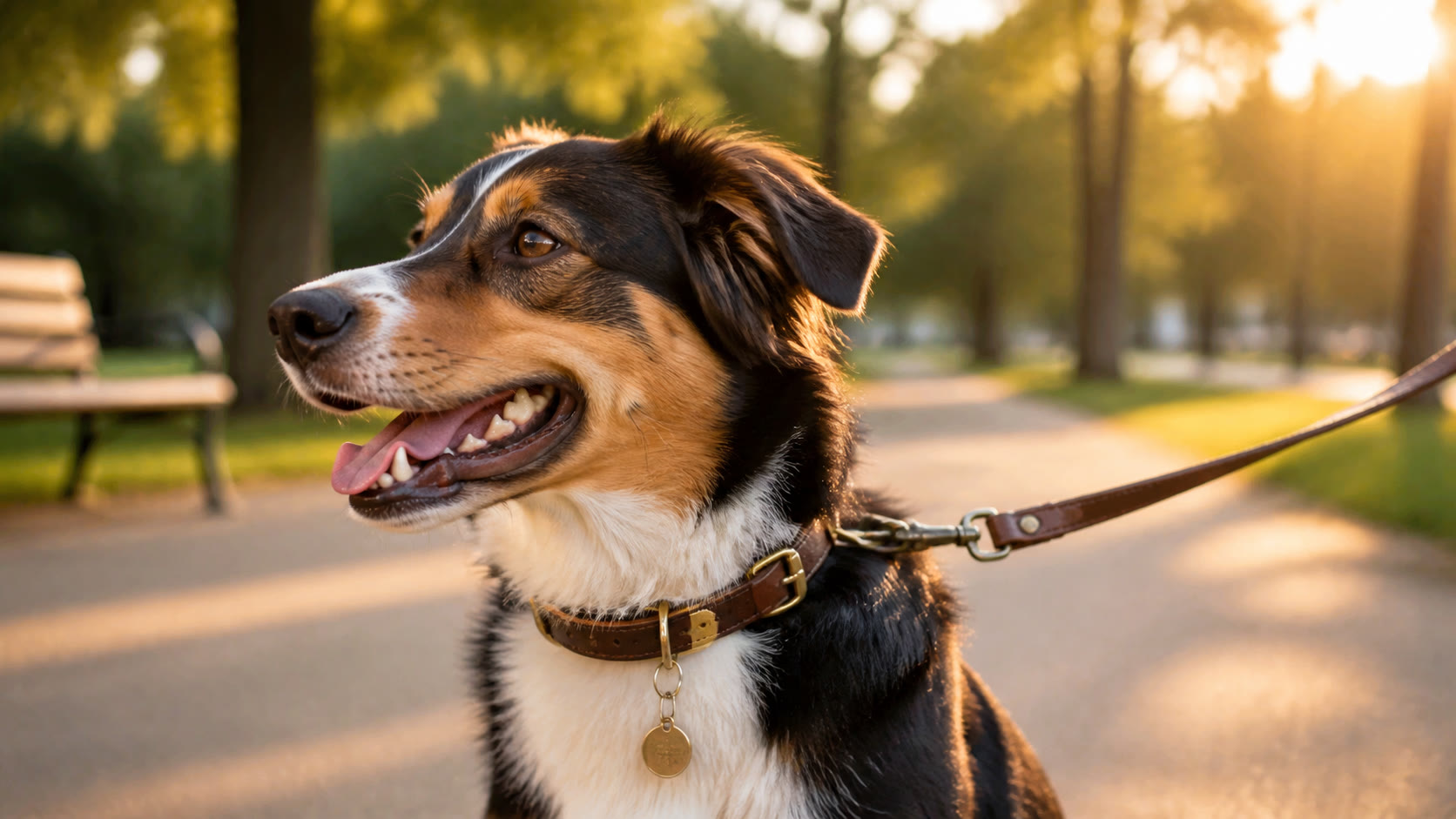Chien portant un collier personnalisé en promenade